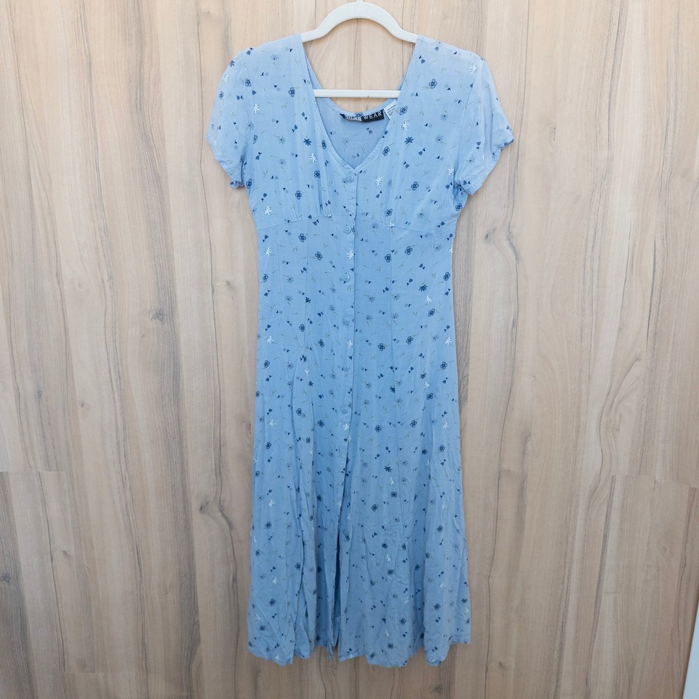 Vintage Floral Midi Dress Medium Blue Button Front Cottage Prairie 90s Summer